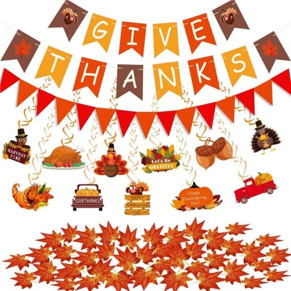 Thanksgiving Party Decorations Including Give Thanks Banner Orange Paper - Picture 1 of 8